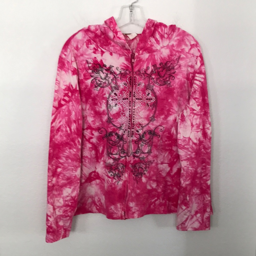 🩷LIGHTWEIGHT HOODIE TIE DYE PINK W/ BLING ON FRONT SIZE XL EXCELLENT CONDITION